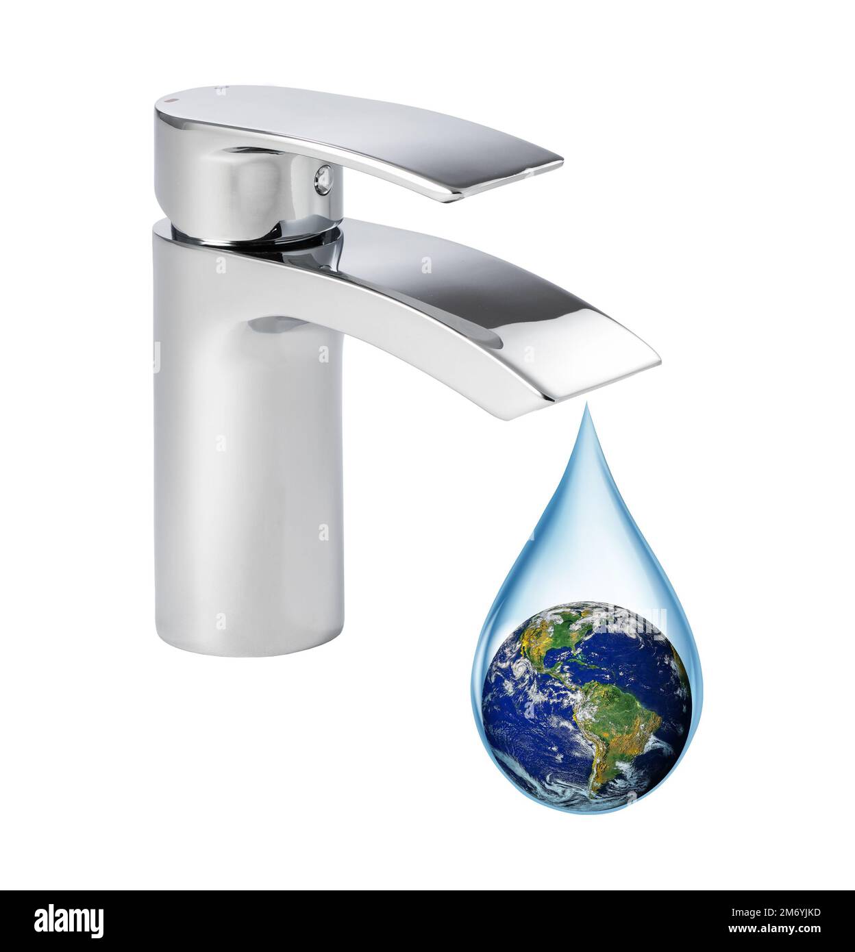 Concetto di mancanza di acqua sulla terra. Terra in una goccia di acqua che gocciola dal rubinetto. Elementi di questa immagine forniti dalla NASA. Foto Stock