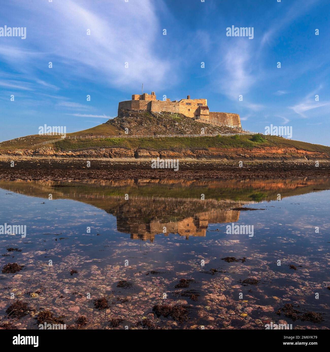 Giorno Vista estiva del Castello di Lindisfarne, Holy Island, Northumberland, Inghilterra, Regno Unito Foto Stock