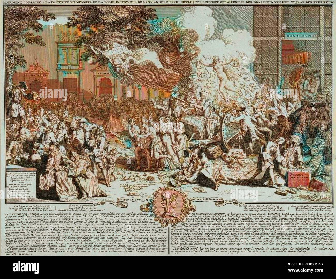Estampe satirique sur le fonctionement du systeme de Law et sa banqueroute 1720 - Banqueroute (crise financiere) causee par le systeme de John Law, economiste ecossais, mis en place entre 1716 et 1720 dans la rue Quincampoix a Parigi Foto Stock