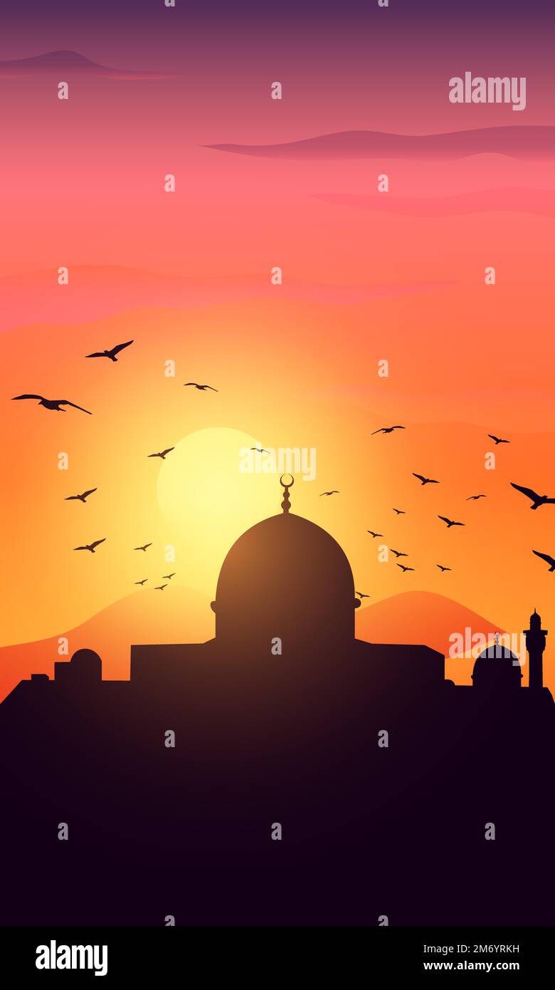 La silhouette della moschea scura è di colore arancione e violetto, il cielo del tramonto e le nuvole sullo sfondo. Illustrazione del banner vettoriale Illustrazione Vettoriale