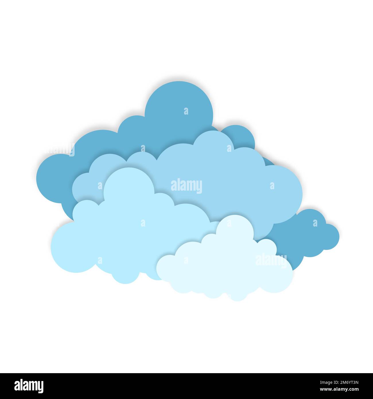Carta blu ritagliare icone nuvola, segni, simboli meteo. La carta ha tagliato molte nuvole. Nuvole di giorno soleggiato. Carta creativa arte stile, illustrazione vettoriale. Illustrazione Vettoriale