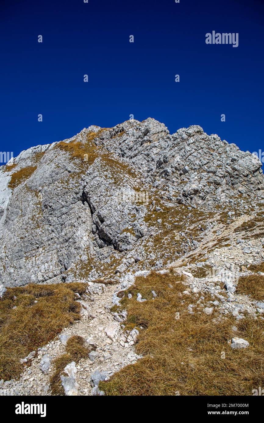 Tour escursionistico Križ - Stenar - Bovški gamsovec, alpi Giulie, Slovenia Foto Stock