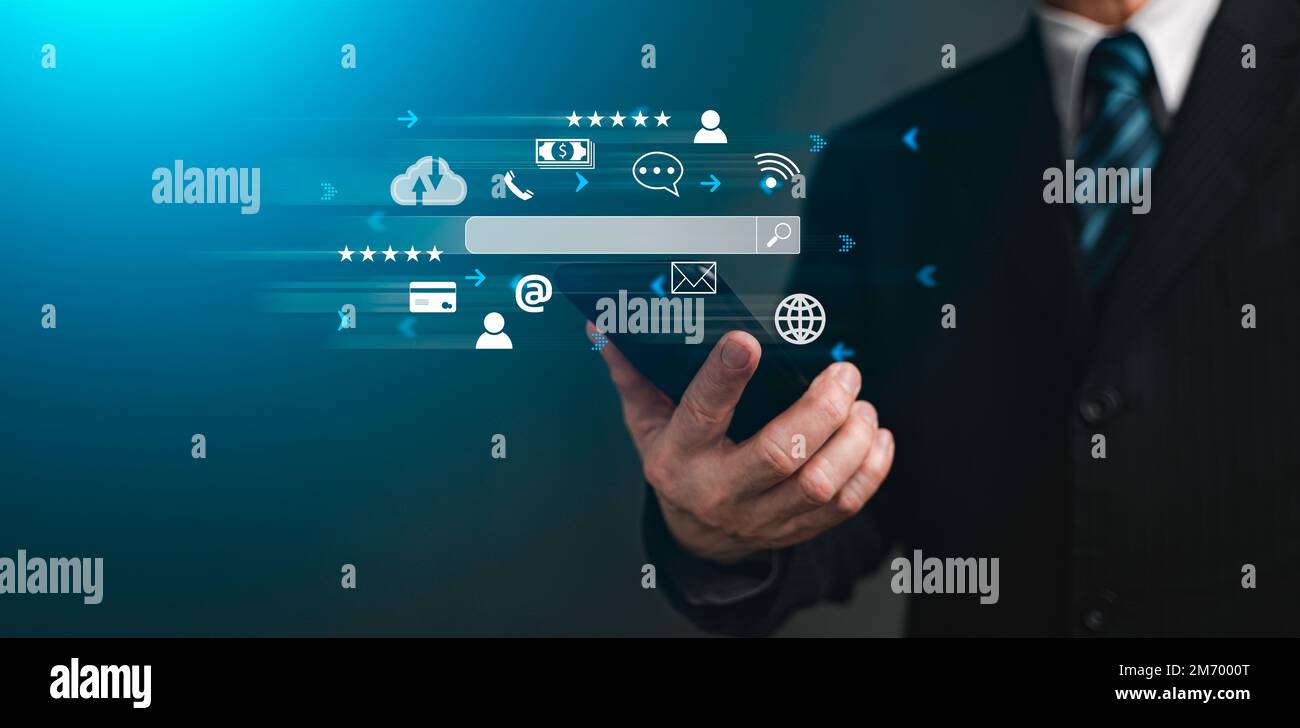 Ricerca sul concetto di esplorazione di Internet Data Information Networking con spazio di copia. Tecnologia di ricerca dei dati ottimizzazione dei motori di ricerca. Uso da uomo d'affari Foto Stock