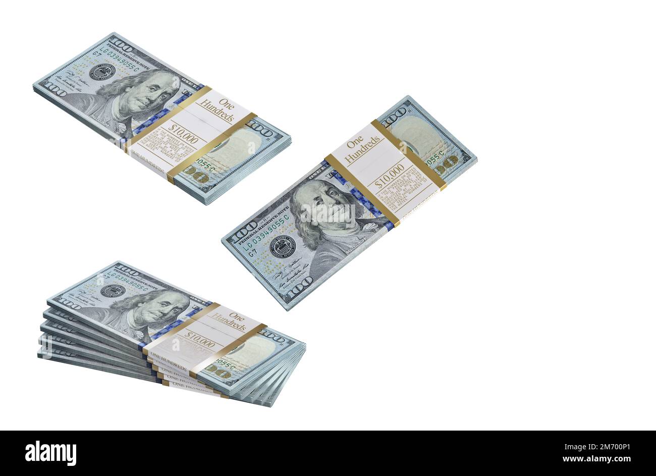 100 US Dollar banconote pacchetti isolati su sfondo bianco. Denaro americano, pile di dollari fresco primo piano elemento di design. Successo, investimento Foto Stock