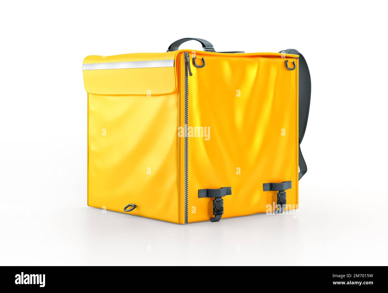Resa del sacchetto per la consegna degli alimenti giallo. Modello zaino courier termoisolato vuoto, spazio per la copia per il branding. Ordine di alimenti online, sicuro senza contatto f Foto Stock