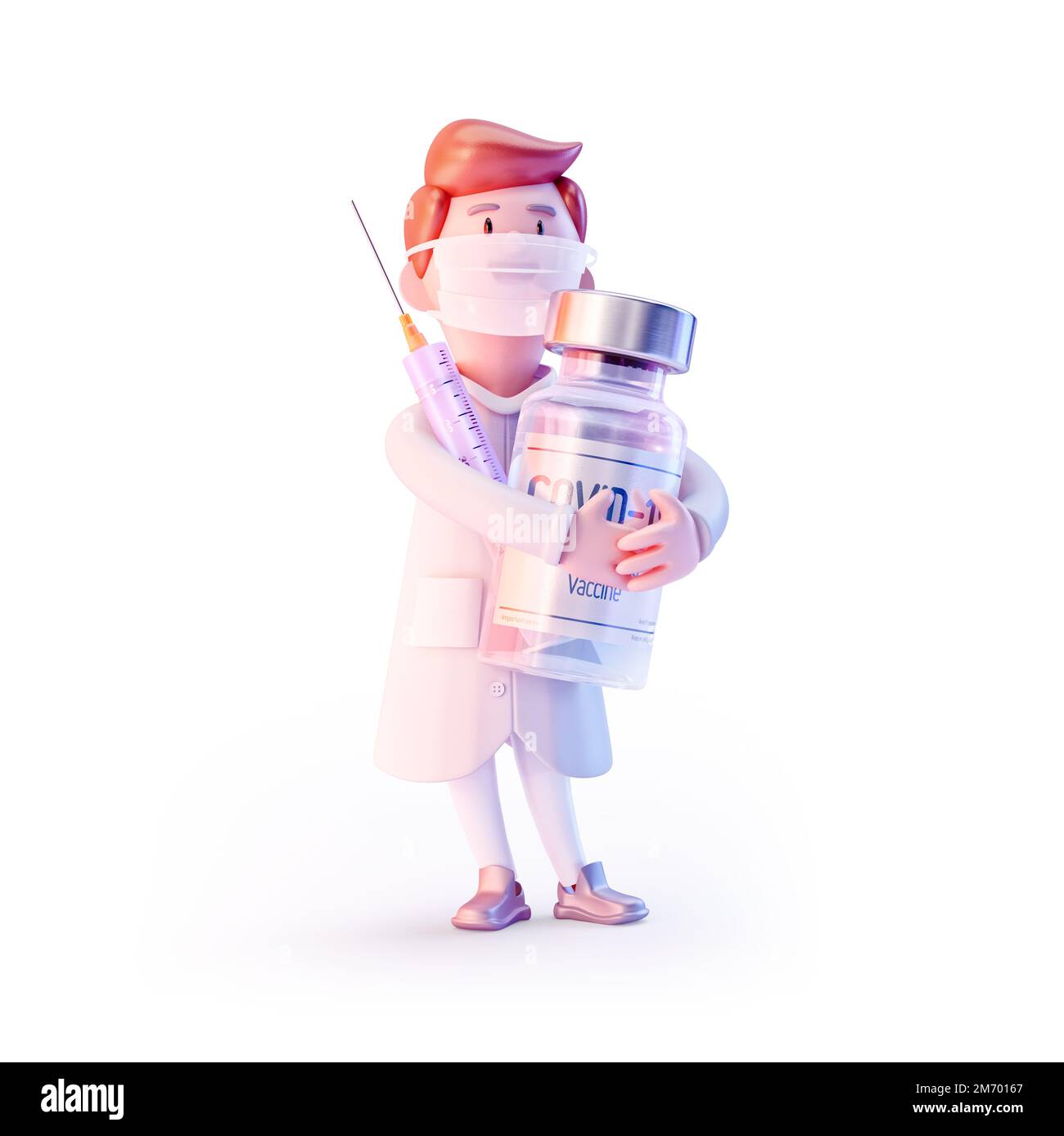 3D personaggio cartoon medico indossando maschera medica, tenendo covid-19 flaconcino di vaccino, siringa. Medico personale medico 3D clip arte illustrazione isolato. Cor Foto Stock