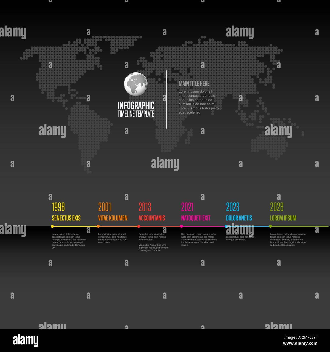 Modello di cronologia di avanzamento orizzontale scuro vettoriale con fasi cardine di sei anni con descrizioni. Linea temporale colorata e scura con titoli a colori sulla p Illustrazione Vettoriale