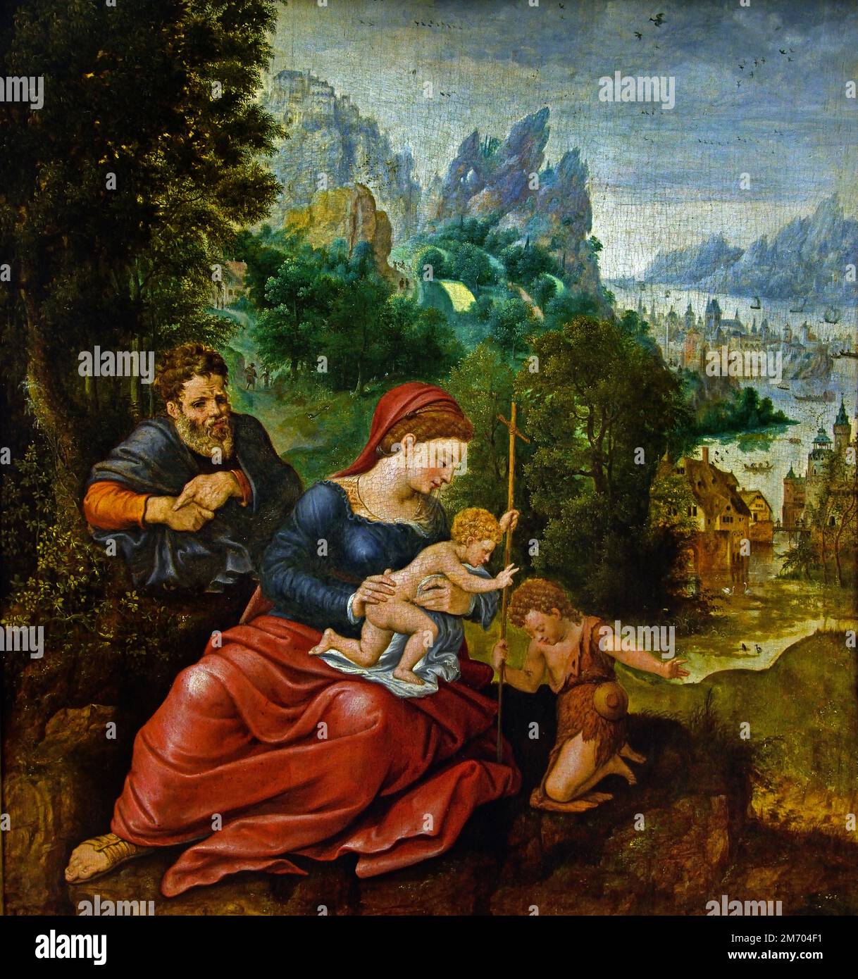 La Sacra Famiglia con il neonato San Giovanni Battista 1530-60 di Herri Met de Bles 1480-1540 Belgio Fiammingo Foto Stock