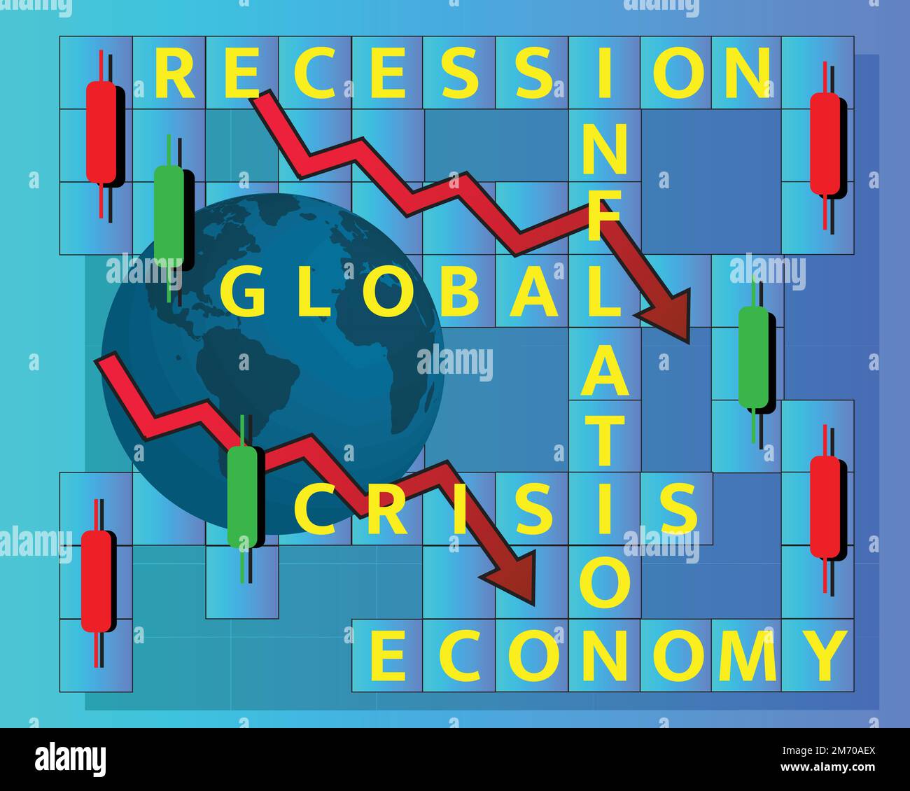 La recessione economica nel 2023 e la contrazione dei mercati azionari mostrano la crisi economica globale nel 2023. Gli effetti dell'inflazione, della guerra, delle epidemie. EPS10 Illustrazione Vettoriale