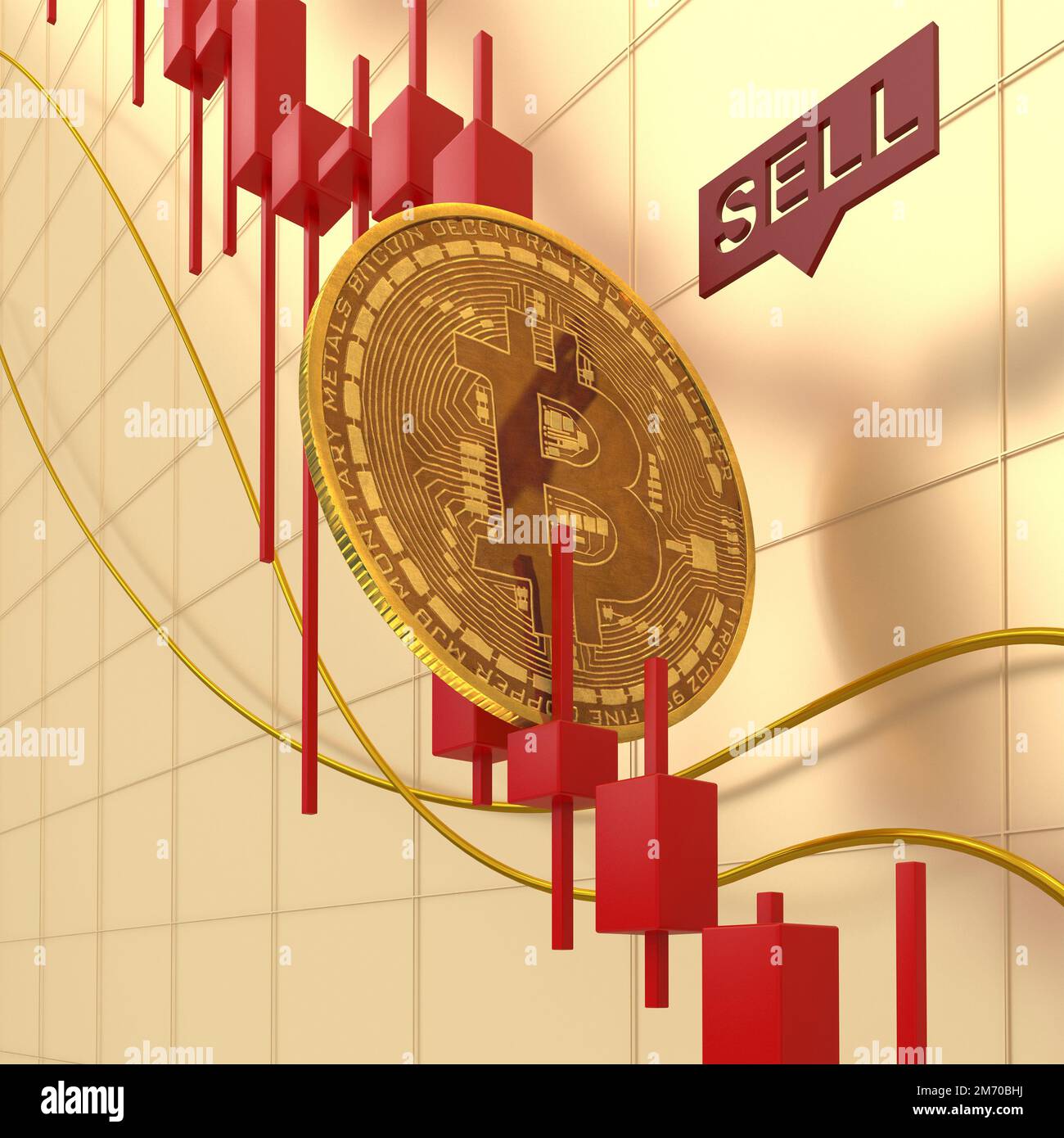 La moneta Bitcoin si trova sulle candele rosse di tendenza al ribasso. Grafico rosso di bitcoin nel mercato dell'orso. Discarica nel mercato della criptovaluta. Rendering 3D. Foto Stock