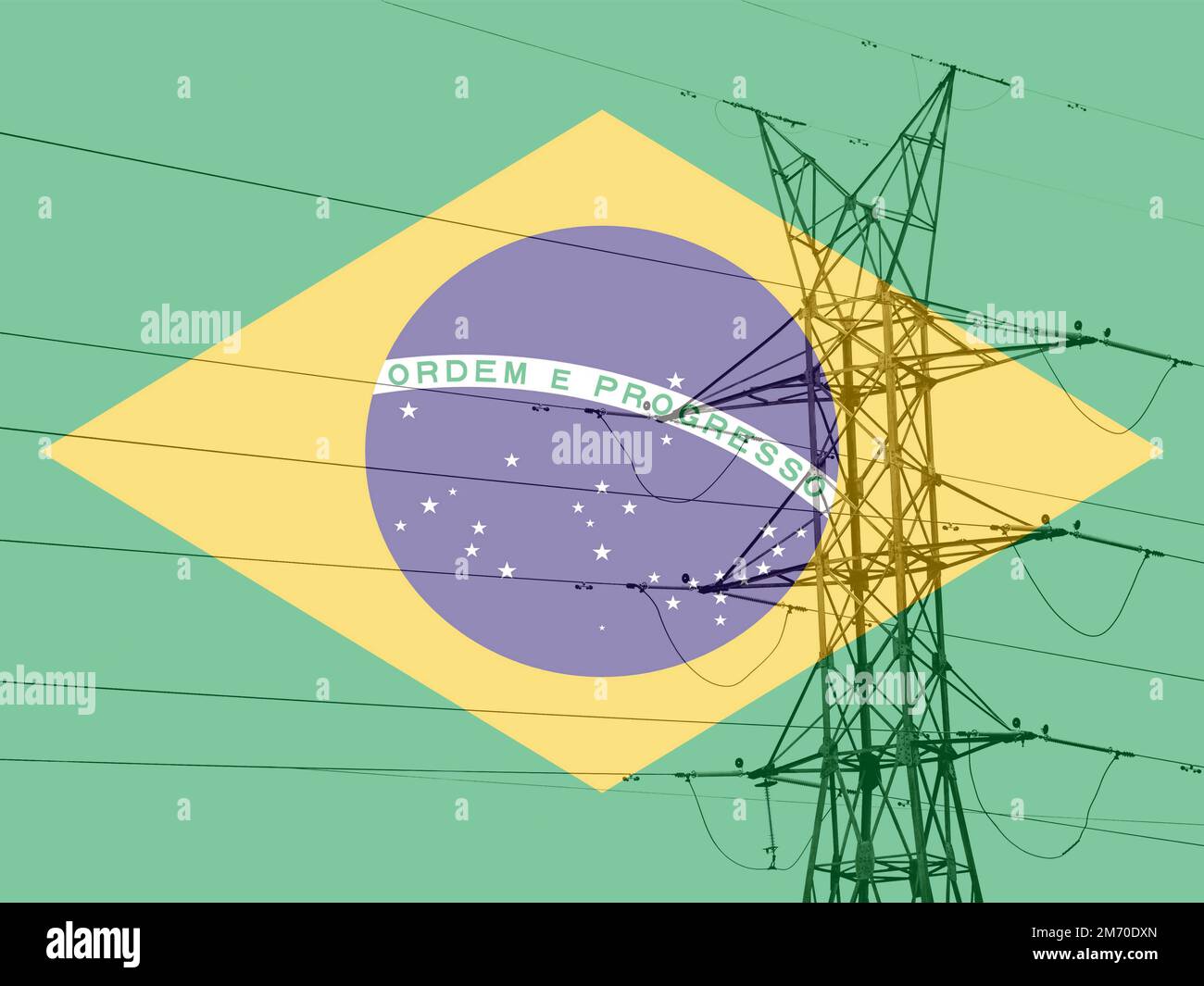 Morsetto ad alta tensione o torre ad alta tensione con bandiera del brasile. Foto Stock