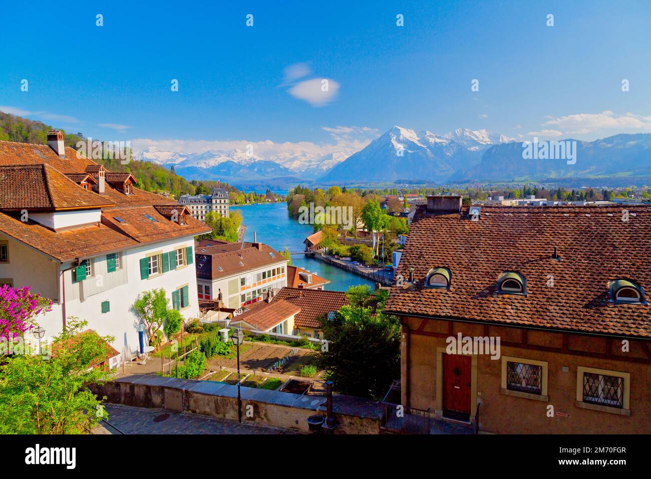 Bellissima città di Thun, Lago di Thunersee, alpi svizzere, Svizzera Foto Stock