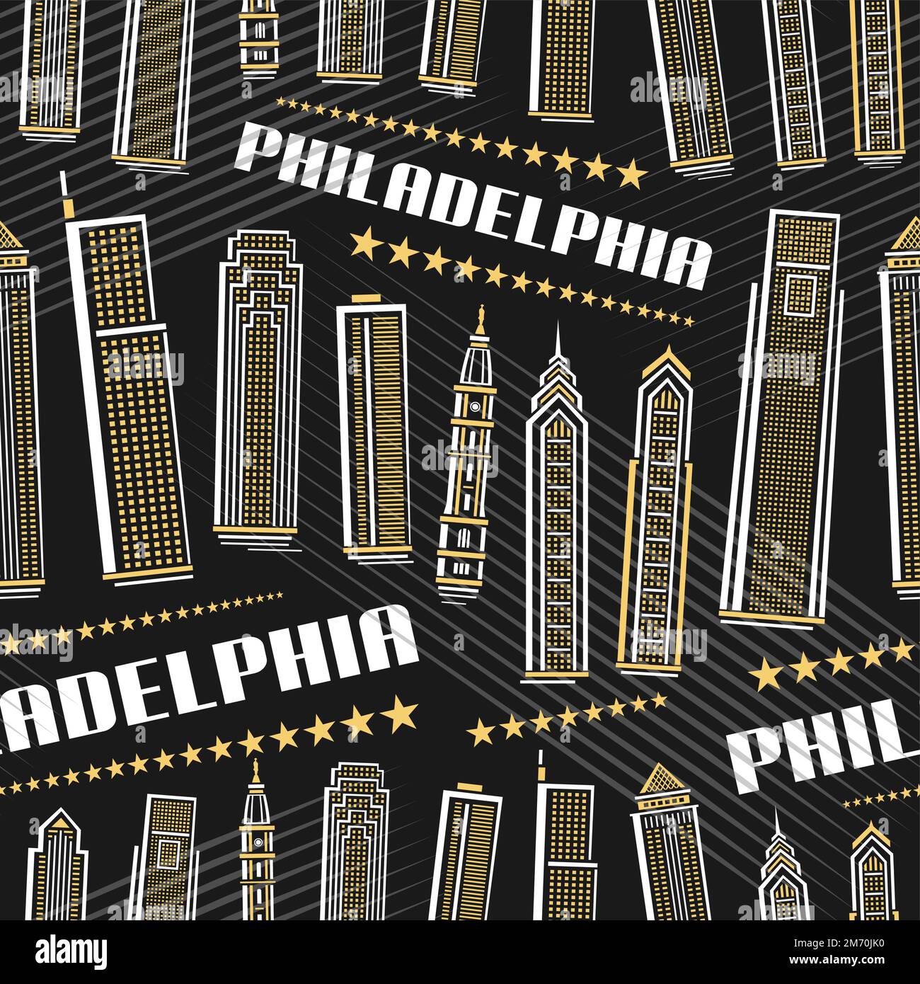 Vector Philadelphia Seamless Pattern, sfondo ripetuto con illustrazione del famoso paesaggio cittadino di philadelphia su sfondo scuro per carta da imballaggio, lin Illustrazione Vettoriale