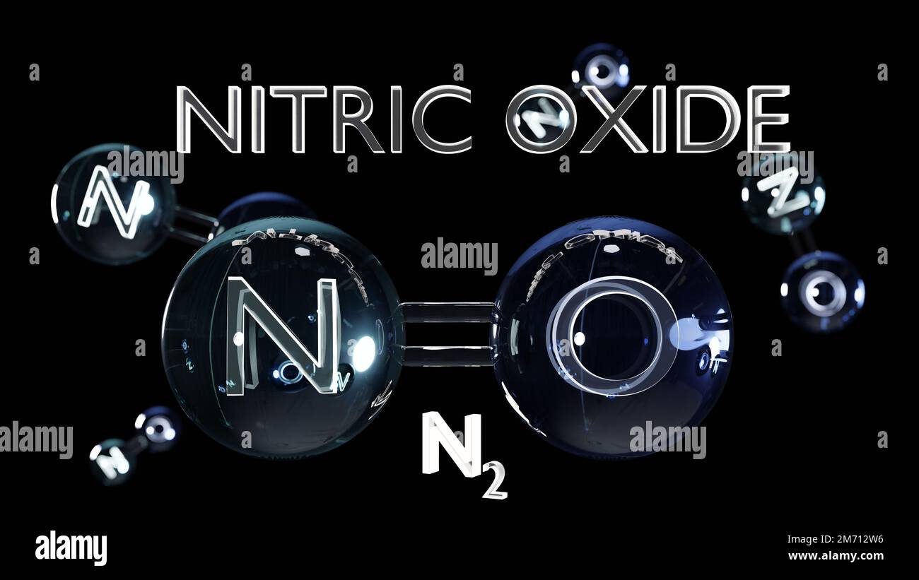 Ossido nitrico, NO, modello di molecola, formula chimica. Ossido di azoto, monossido di azoto o Oxidonitrogen. Sfera-e-bastone, ossido nitrico strutturu Foto Stock