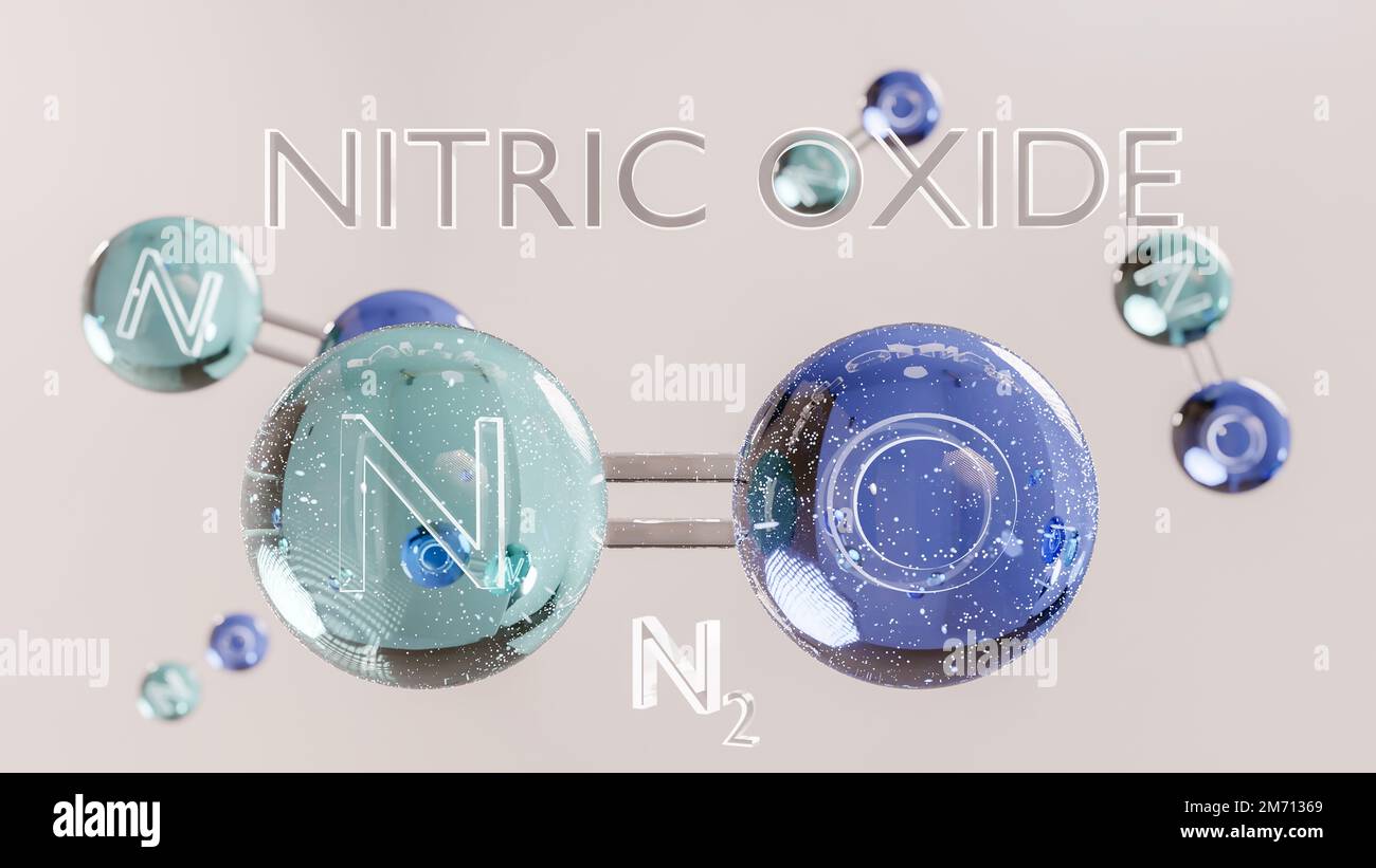 Ossido nitrico, NO, modello di molecola, formula chimica. Ossido di azoto, monossido di azoto o Oxidonitrogen. Sfera-e-bastone, ossido nitrico strutturu Foto Stock