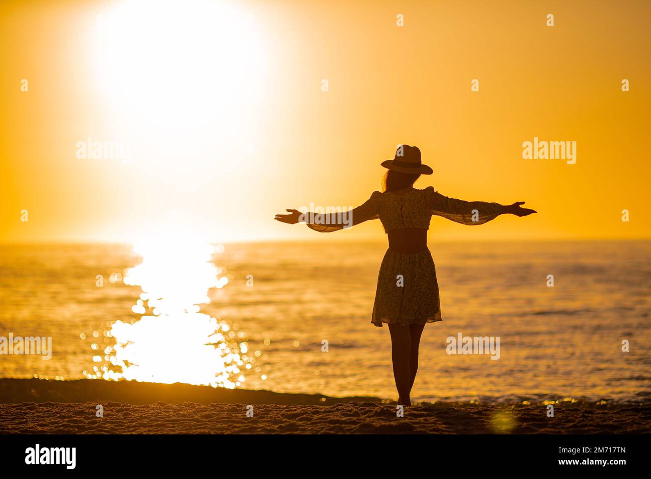 Silhouette della bella donna in cappello di paglia godendo bellissimo tramonto sulla spiaggia Foto Stock