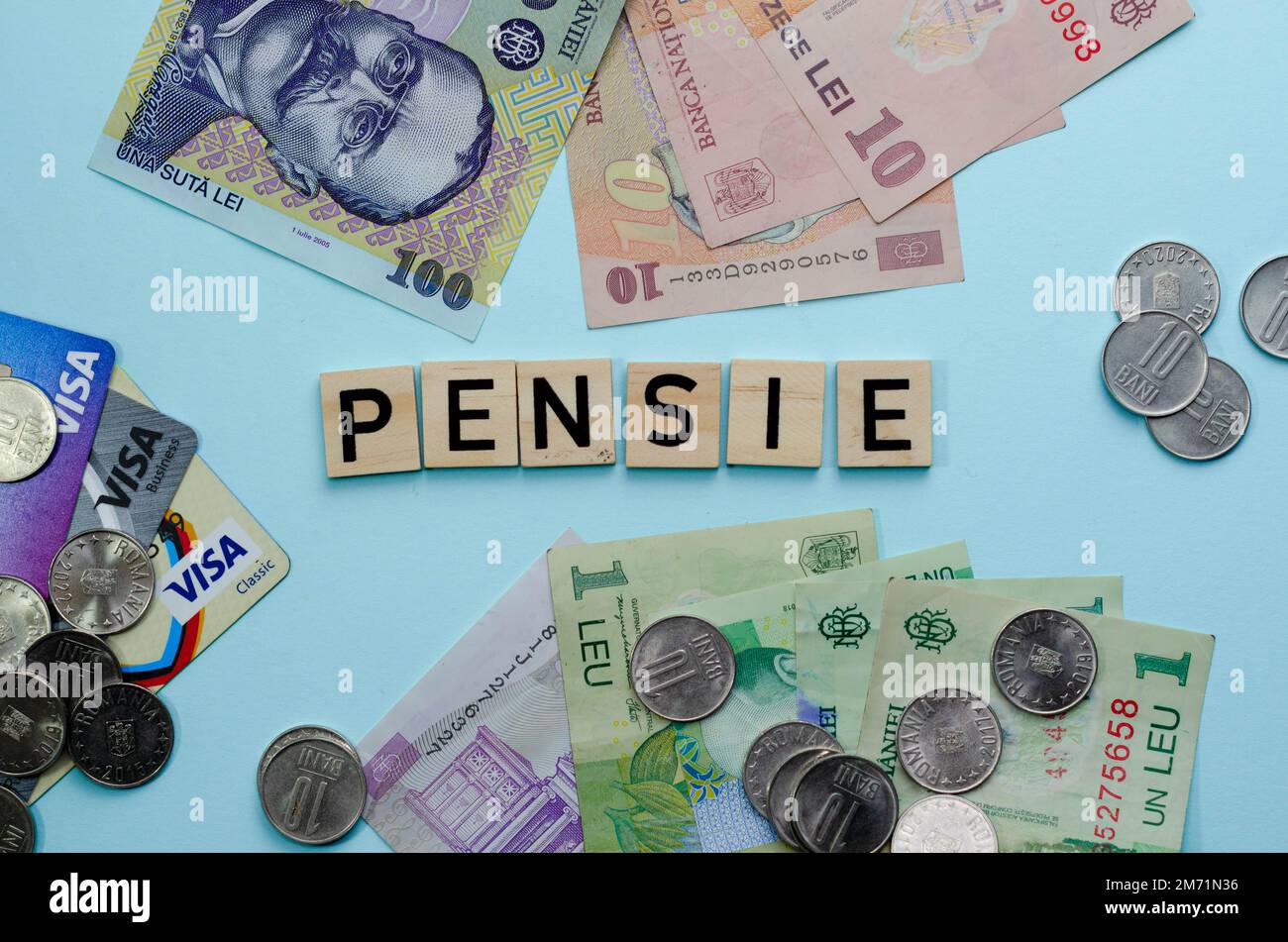 moneta rumena lei ron risparmio per pensione concetto Foto Stock