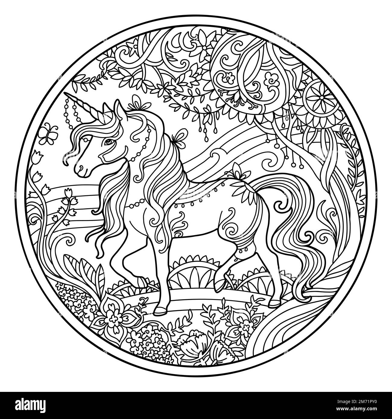 Pagina del libro di colorazione vettoriale unicorno ornato con fiori magici, composizione circolare. Disegno di schizzo a mano libera anti-sollecitazione con elementi grovigli e dentini. Per Illustrazione Vettoriale