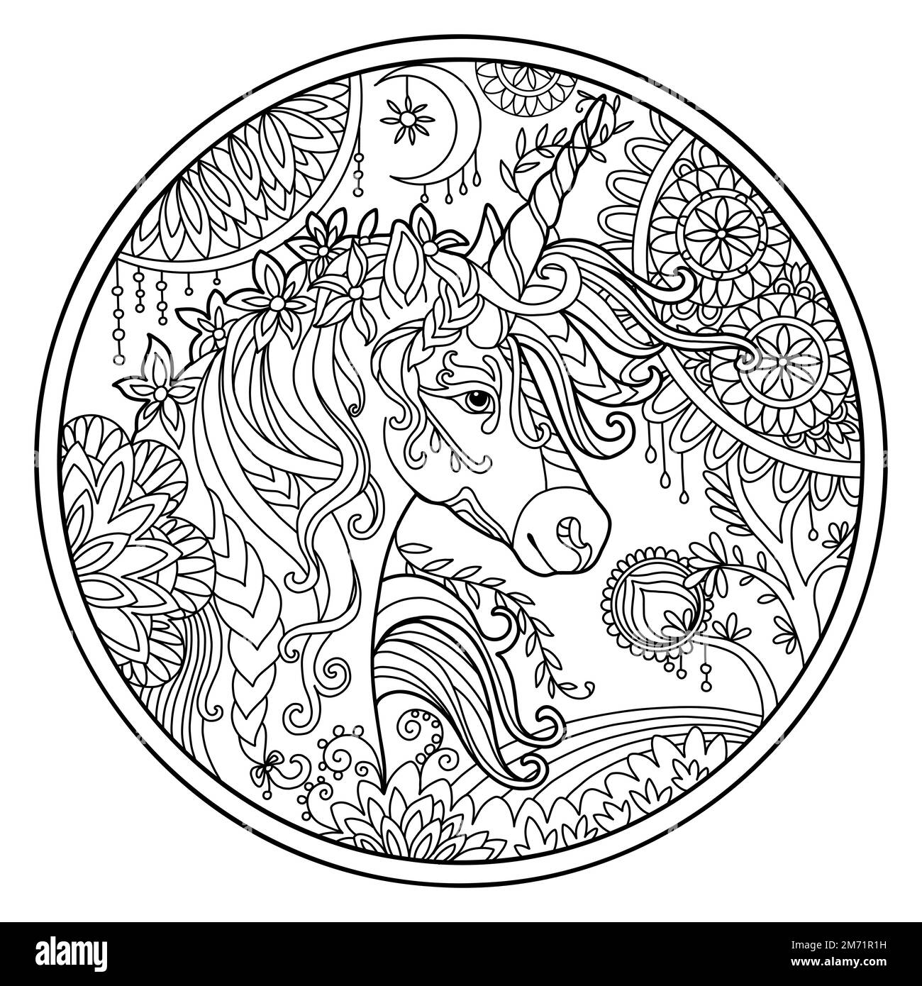 Vettore colorazione pagina libro testa ornata di unicorno con fiori magici, composizione circolare. Disegno di schizzo anti-sollecitazione con elementi grovigli e noodle. Per Illustrazione Vettoriale