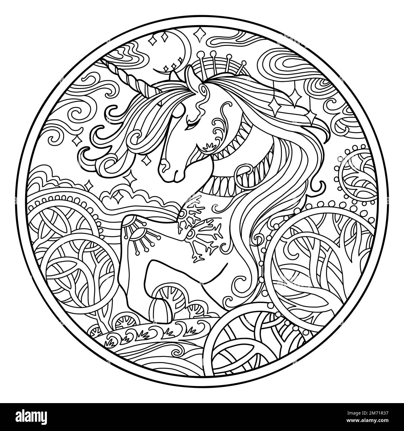 Pagina del libro di colorazione vettoriale unicorno ornato con fiori magici, composizione circolare. Disegno di schizzo a mano libera anti-sollecitazione con elementi grovigli e dentini. Per Illustrazione Vettoriale