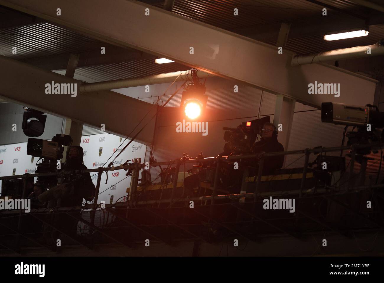 Vista generale del gantry della telecamera. BKT United Rugby Championship , Dragons / Vodacom Bulls alla sfilata Rodney di Newport venerdì 6th gennaio 2023. pic di Andrew Orchard/Andrew Orchard SPORTS photography/Alamy Live news Foto Stock