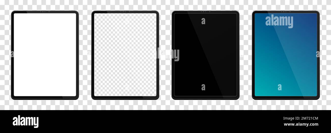Modelli realistici di tablet. Collezione mockup tablet. Moderno tablet pc nero. Vista frontale del dispositivo. 3D compressa. Illustrazione vettoriale Illustrazione Vettoriale