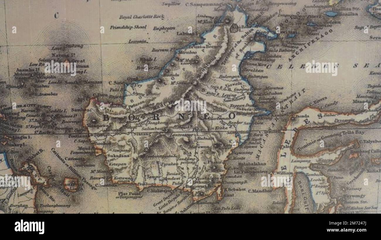 Mappa indonesiana sfocata sulla parete. Kalimantan Borneo, Java, Bali, Sumatera, Sulawesi, Isola di Papua Foto Stock