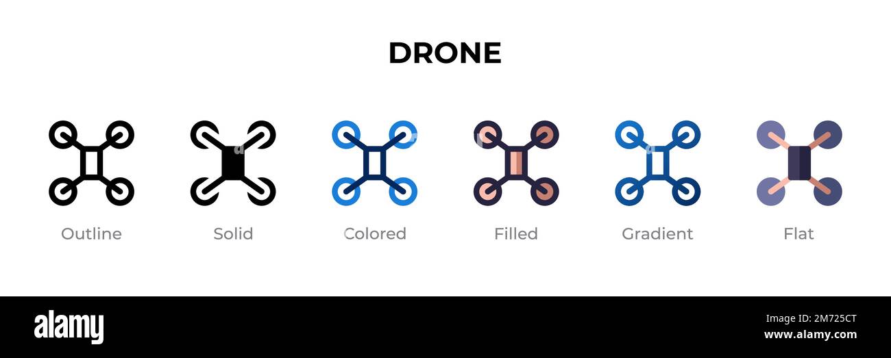 Icona del drone in stile diverso. Icone vettoriali drone disegnate in contorno, solido, colorato, riempito, sfumato, e stile piatto. Simbolo, illustrazione del logo. Ve Illustrazione Vettoriale