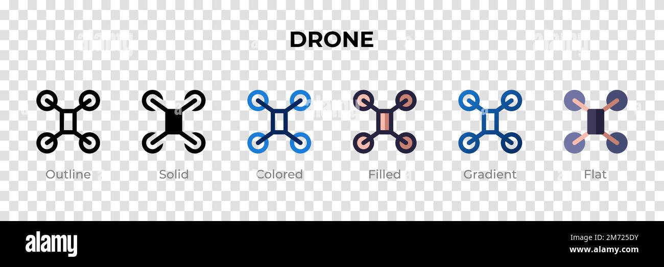 Icona del drone in stile diverso. Icone vettoriali drone disegnate in contorno, solido, colorato, riempito, sfumato, e stile piatto. Simbolo, illustrazione del logo. Ve Illustrazione Vettoriale