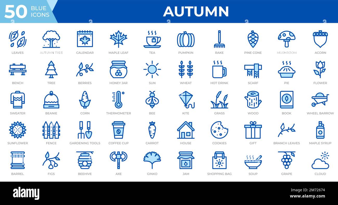Set di 50 icone autunnali in stile linea blu. Foglie, bacche, maglione. Collezione di icone di contorno. Illustrazione vettoriale Illustrazione Vettoriale