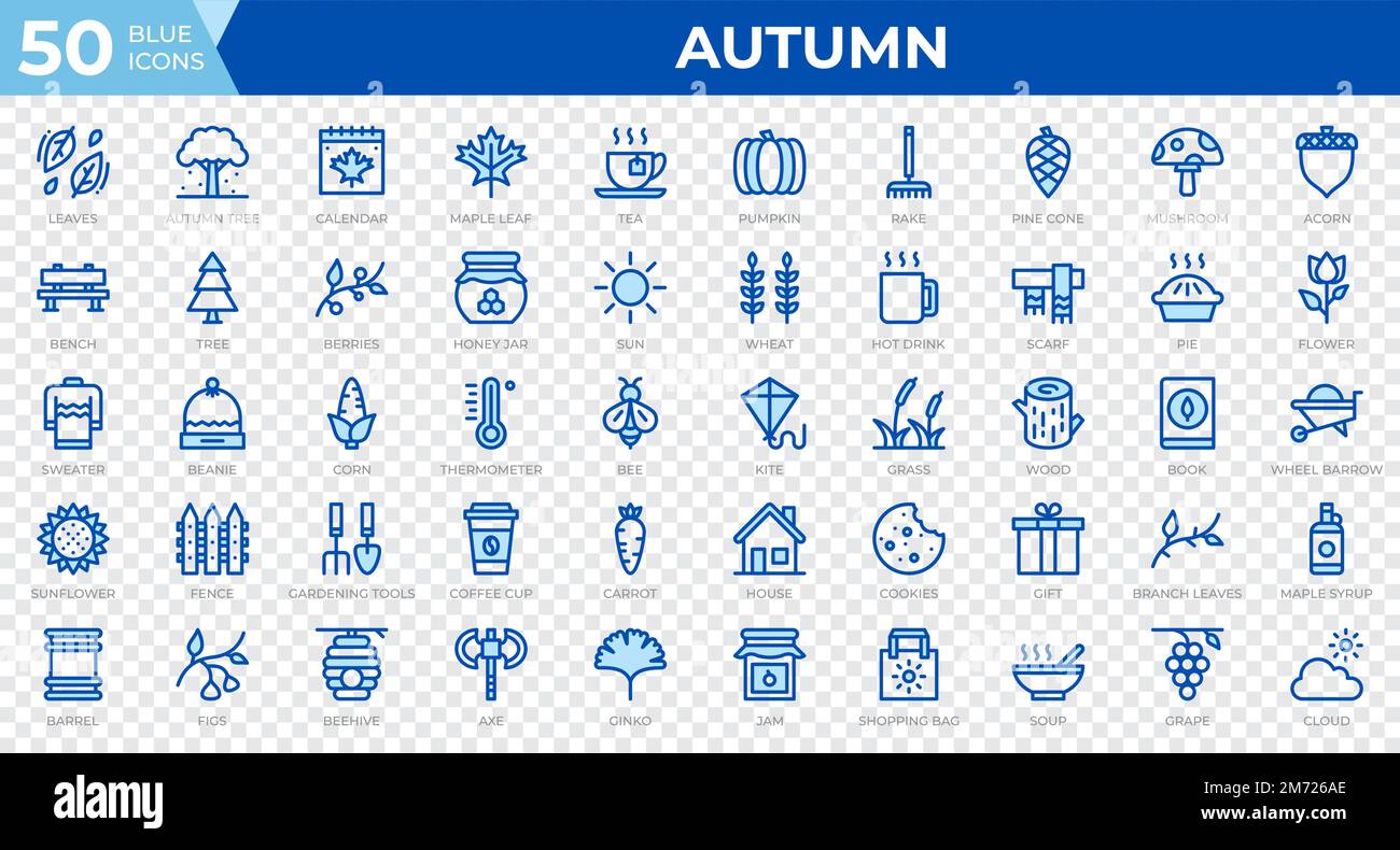 Set di 50 icone autunnali in stile linea blu. Foglie, bacche, maglione. Collezione di icone di contorno. Illustrazione vettoriale Illustrazione Vettoriale
