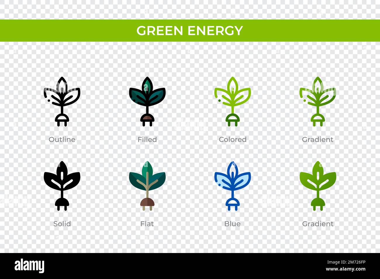 Icona verde di energia in stile diverso. Icone vettoriali di energia verdi disegnate in contorno, piene, colorate, riempite, sfumate, e stile piatto. Simbolo, logo il Illustrazione Vettoriale