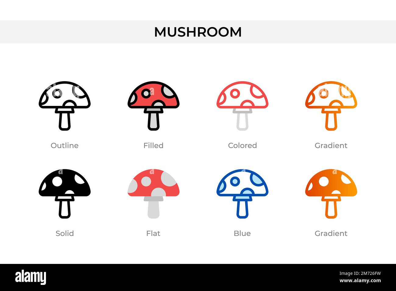 icona a forma di fungo in stile diverso. icone vettoriali a fungo disegnate in contorni, piene, colorate, riempite, sfumate, e stile piatto. Simbolo, logo illustrati Illustrazione Vettoriale