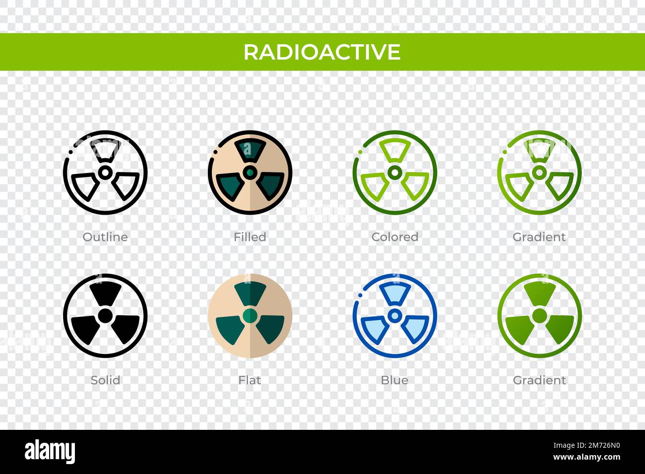 Icona radioattiva in stile diverso. Icone vettoriali radioattive disegnate in forma di contorno, piene, colorate, riempite, sfumate, e stile piatto. Simbolo, logo illu Illustrazione Vettoriale