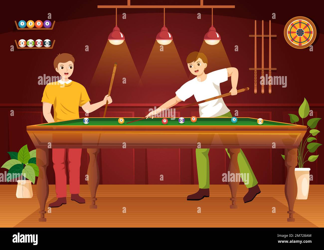 Illustrazione del gioco di Biliardo con stanza della piscina del giocatore  con bastone, tabella e sfere di Biliardo nel randello di sport in modelli  disegnati a mano del cartoon piatto Immagine e