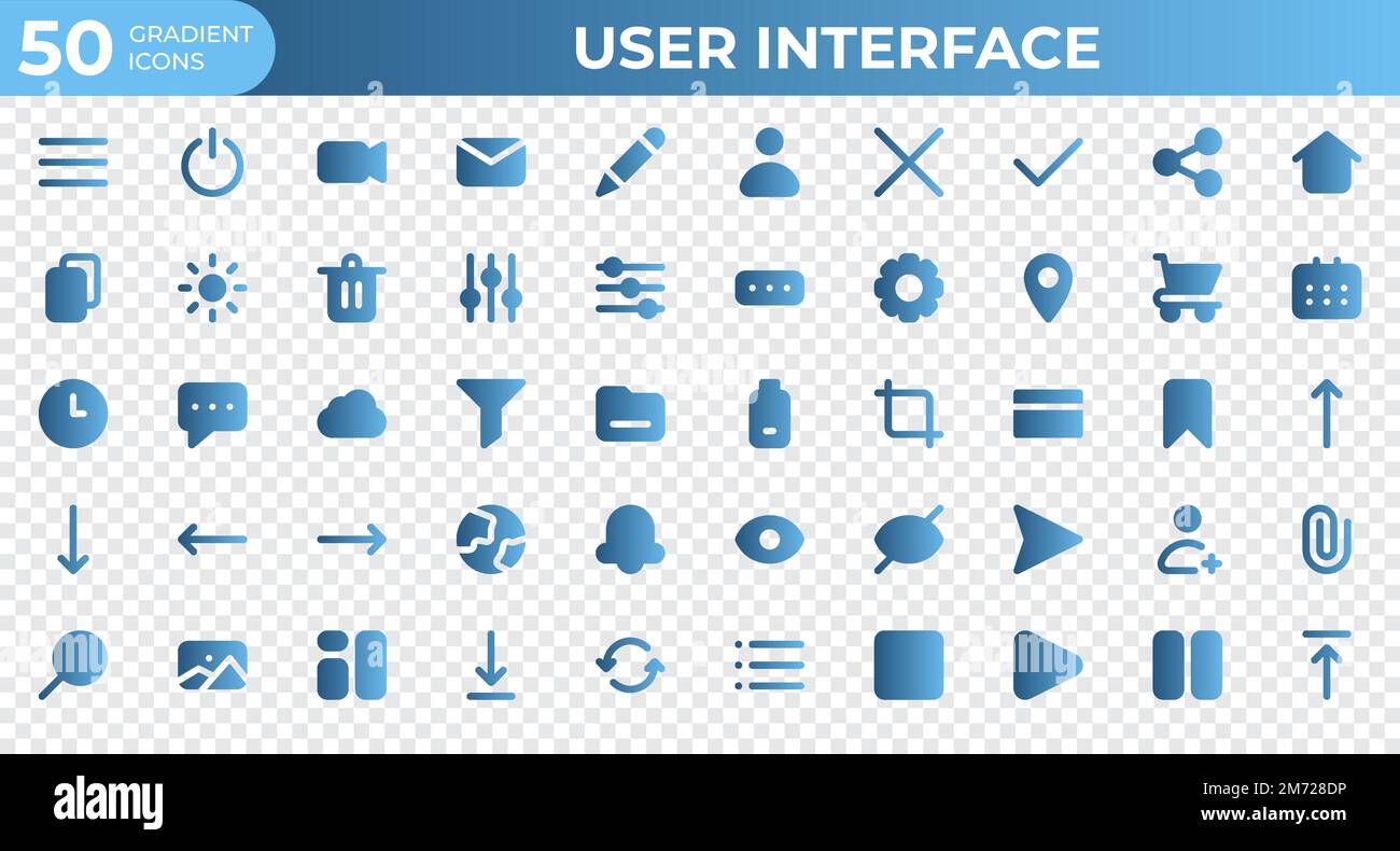 Set di 50 icone dell'interfaccia utente in stile gradiente. Menu, calendario, orologio. Raccolta icone sfumatura. Illustrazione vettoriale Illustrazione Vettoriale
