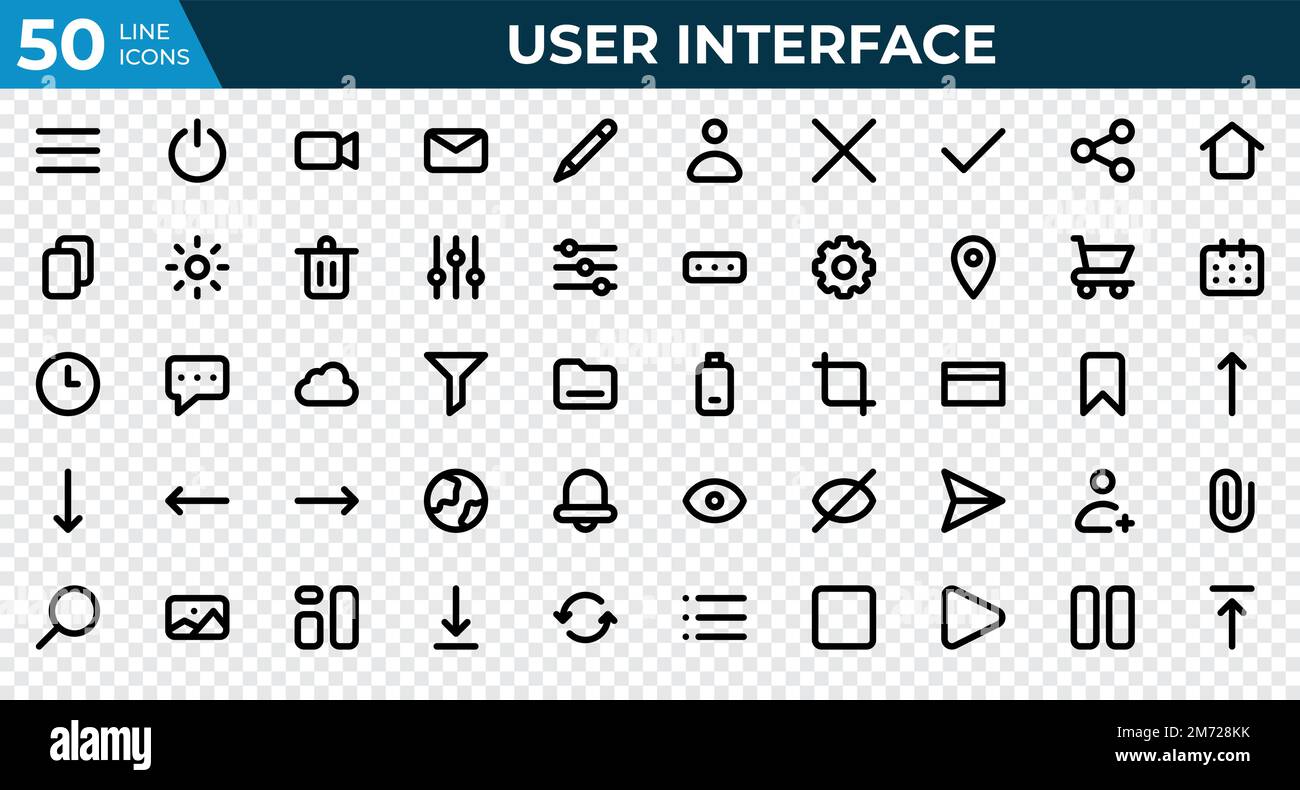 Set di 50 icone dell'interfaccia utente in stile linea. Menu, calendario, orologio. Collezione di icone di contorno. Illustrazione vettoriale Illustrazione Vettoriale