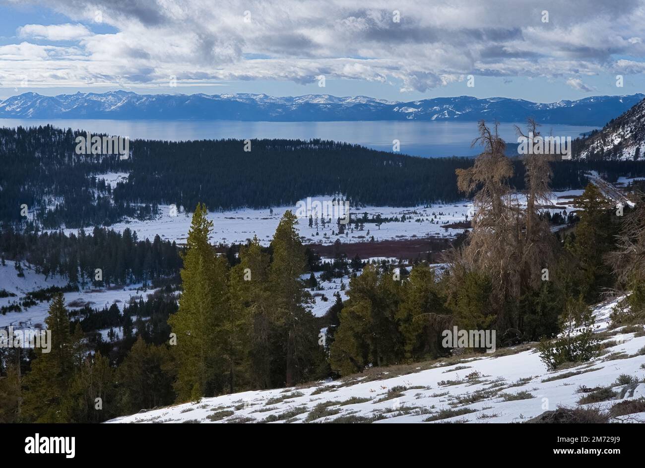 La vista invernale del lago Tahoe con la neve. Foto Stock