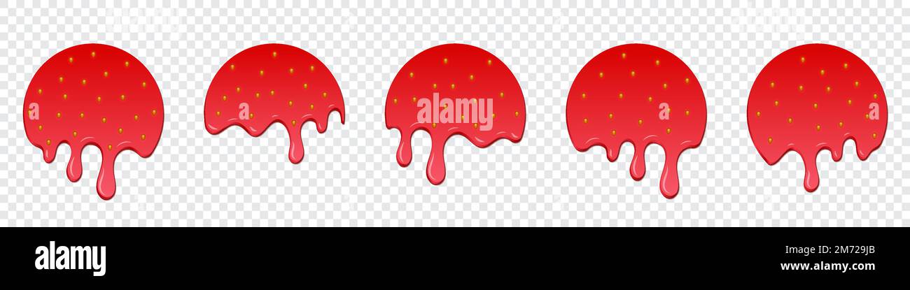 Set di gocce di fragola. Gocciolando fragola fusa. Fragola fusa realistica. Gocce di fragola. Fragola in fusione. Dessert rosso liquido, dolce gocciolamento Illustrazione Vettoriale