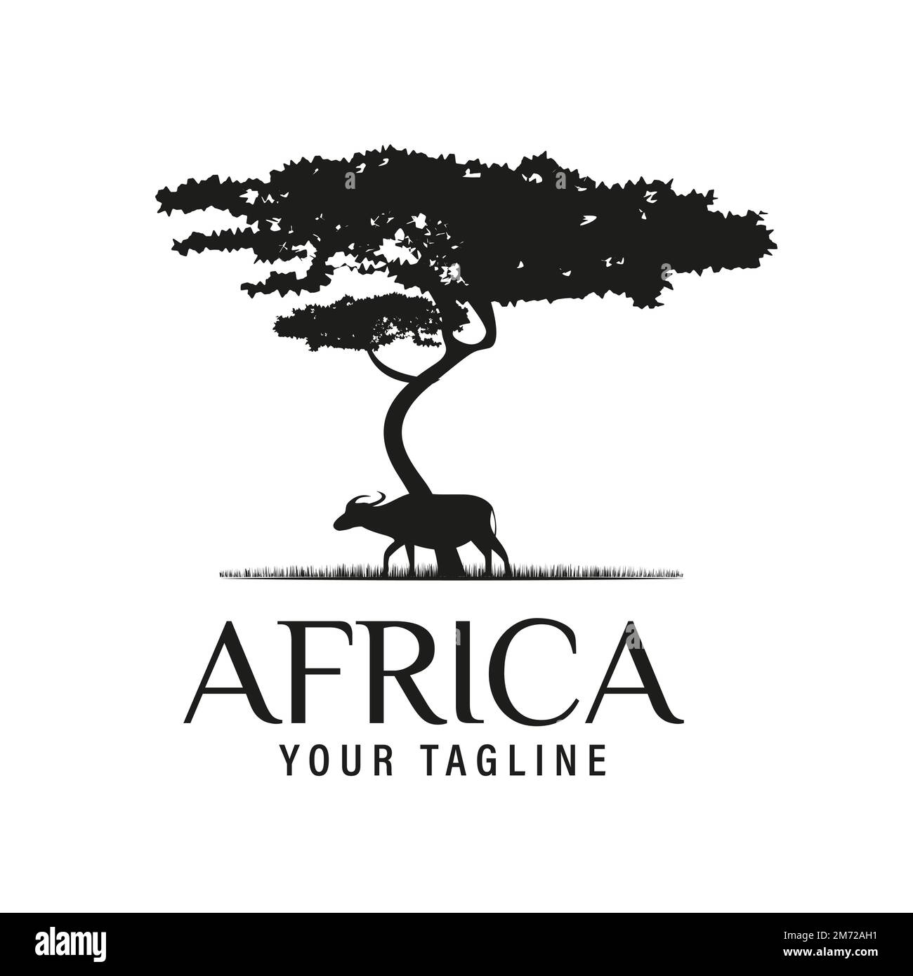 Albero di Acacia Africano con silhouette di bufalo Africano per vettore di disegno di logo di avventura di Safari Illustrazione Vettoriale