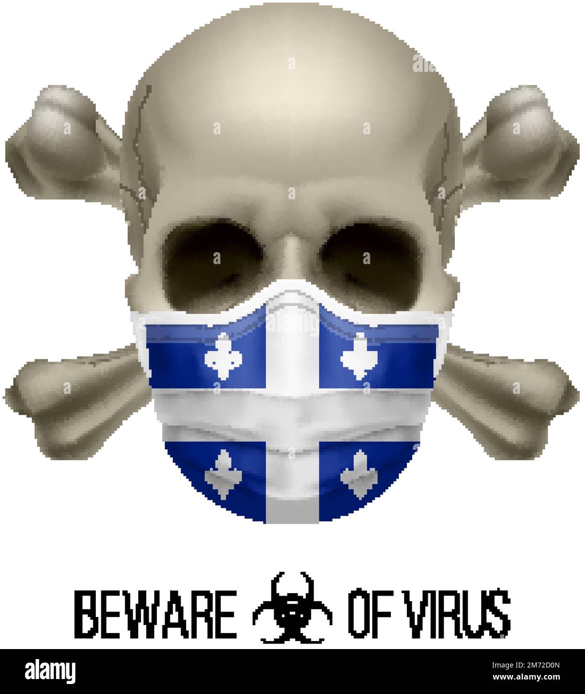 Cranio umano con ossa incrociate e maschera chirurgica nel colore della bandiera nazionale Quebec. Maschera in forma di bandiera e cranio come concetto di Dire avvertimento che Illustrazione Vettoriale