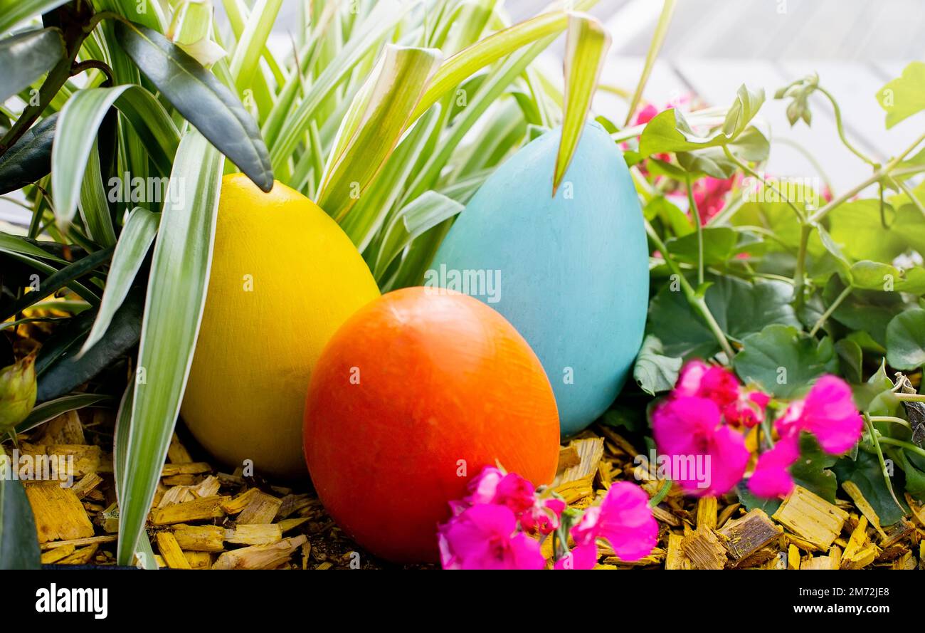 Tre grandi uova di legno multicolore sono sdraiate su un letto di fiori Foto Stock