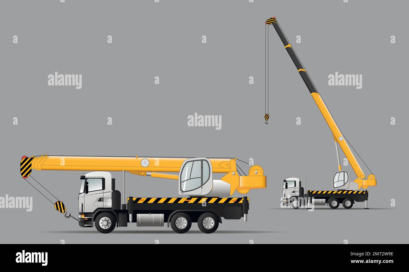 Una serie di immagini vettoriali di una gru sul telaio di un'auto in posizione di trasporto e di lavoro. Illustrazione vettoriale. Illustrazione Vettoriale