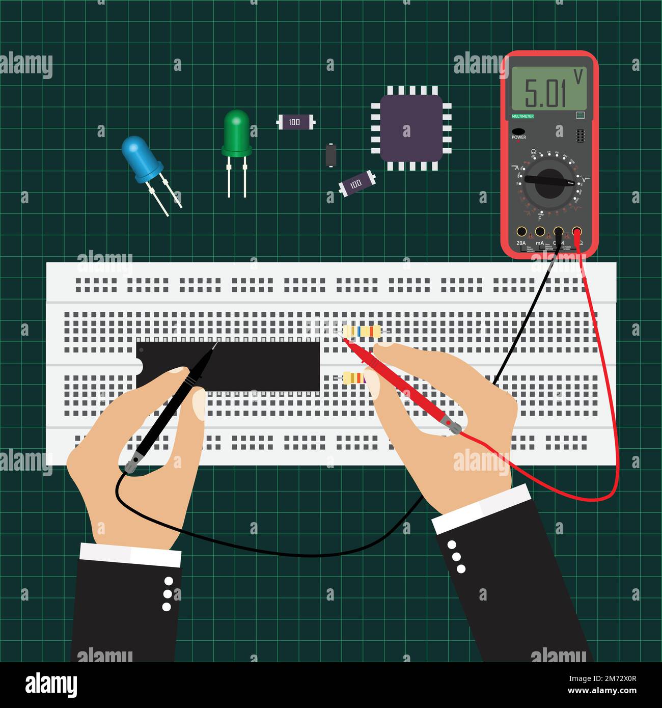 uomo che esegue il test manuale del circuito elettrico sulla breadboard utilizzando un multimetro digitale, illustrazione elettrica , Illustrazione Vettoriale