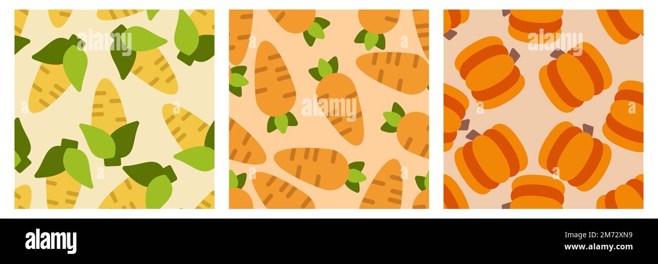 Set di motivi senza cuciture vegetali. Carota, mais e zucca. Elementi di design per tessuti o abiti per bambini. Stampa di cibo per tenda. Illustrazione vettoriale Illustrazione Vettoriale