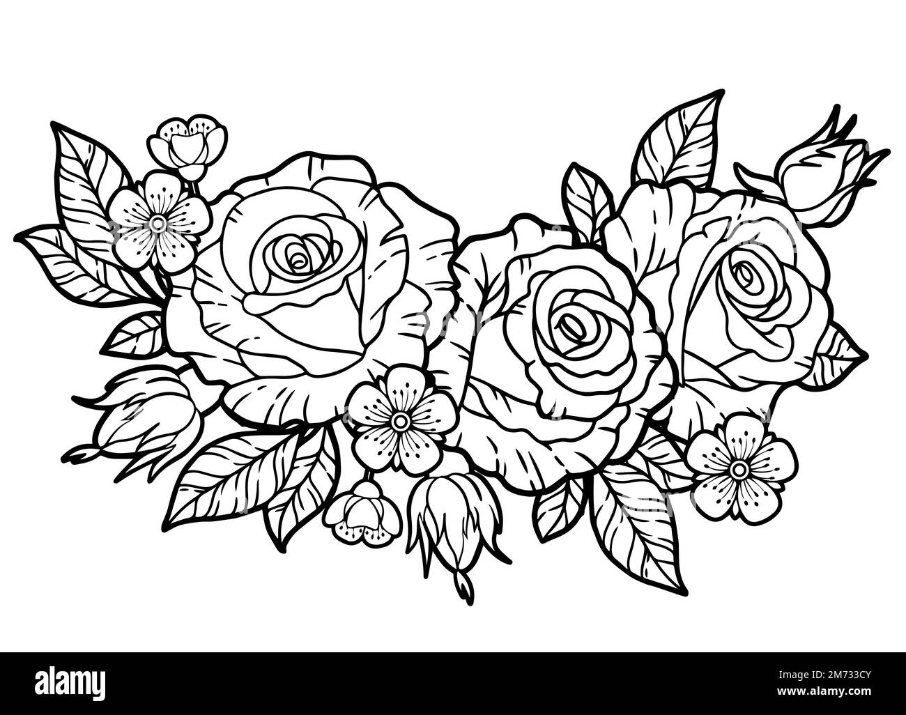 Bouquet e bordi di fiori di rosa e ciliegio, rami e foglie. Libro da colorare vettoriale per adulti, elementi per il confezionamento di cosmetici, medi Illustrazione Vettoriale