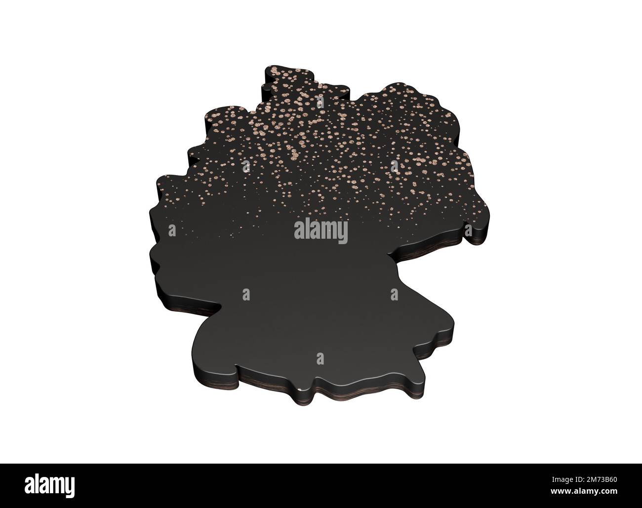 Un rendering 3D di una mappa nera metallica a forma di Germania isolata su uno sfondo bianco Foto Stock