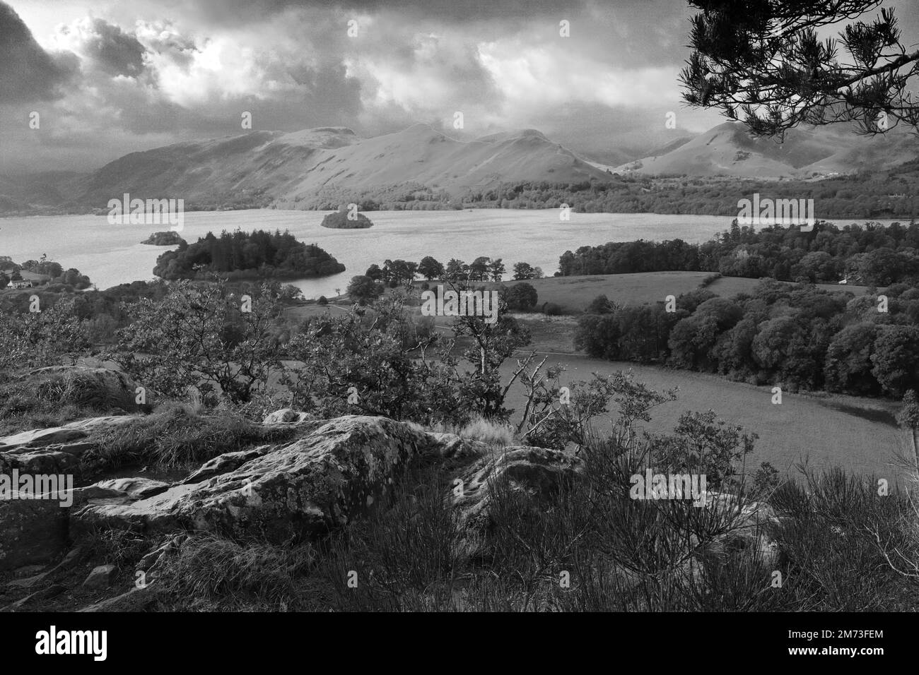 Vista su Cat Bells Fell da Castlehead è caduto sopra Derwentwater, Keswick città, Cumbria, Lake District National Park, Inghilterra, UK Cat Bells Fell è su Foto Stock