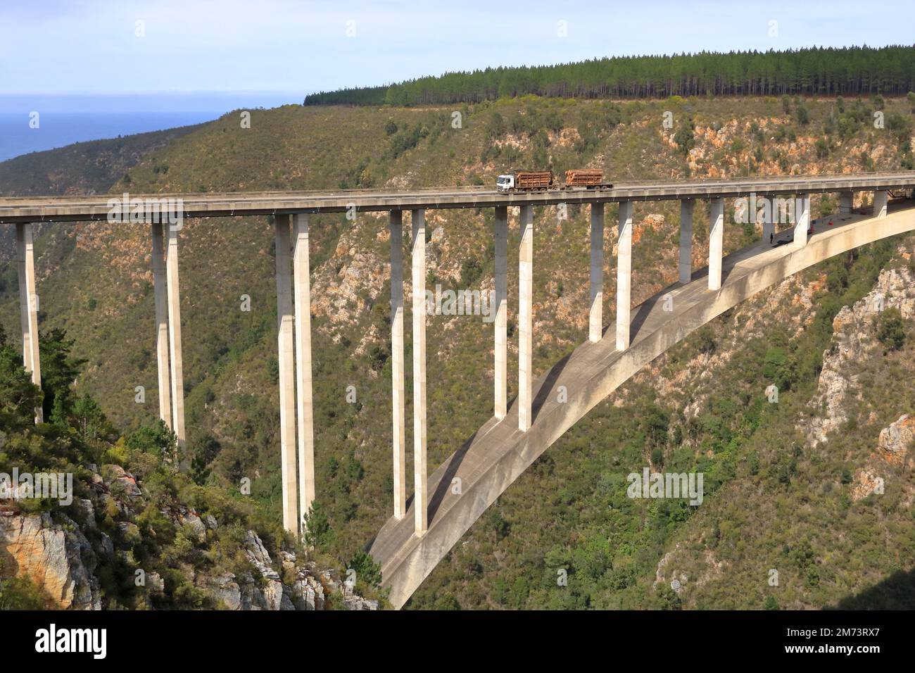 Una splendida vista sul ponte sul fiume Bloukrans sulla Garden Route in Sud Africa. Il punto più alto al mondo per il bungee jumping Foto Stock