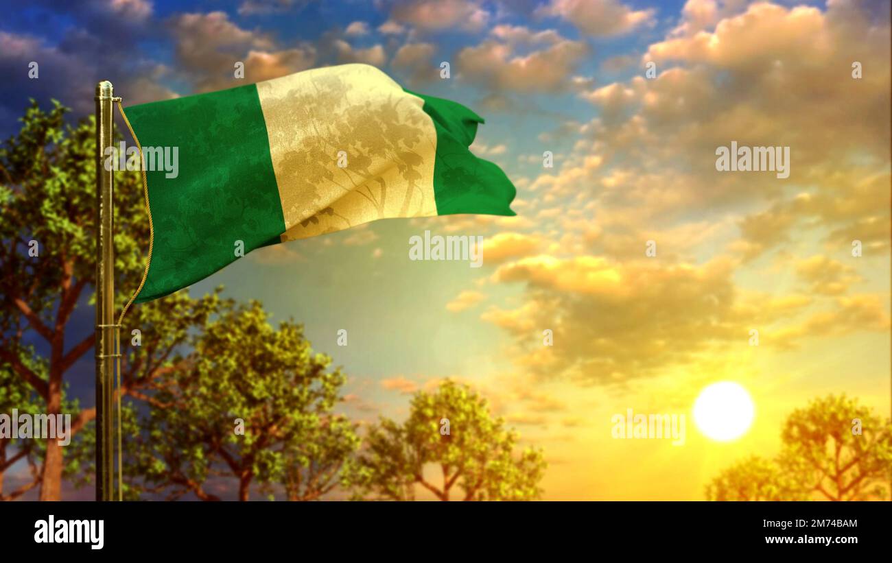 Bandiera della Nigeria all'alba per la celebrazione nazionale - illustrazione astratta del 3D Foto Stock